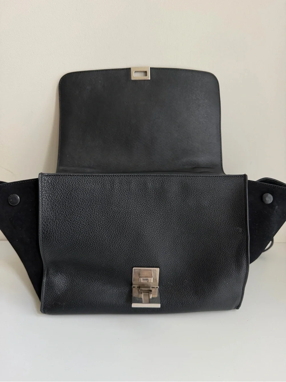 Authentic CELINE Small Trapeze Black Leather Suede Handbag